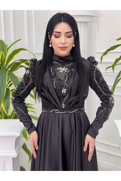 Kolları Taş İşleme Tam Tur Abiye 2015 Siyah