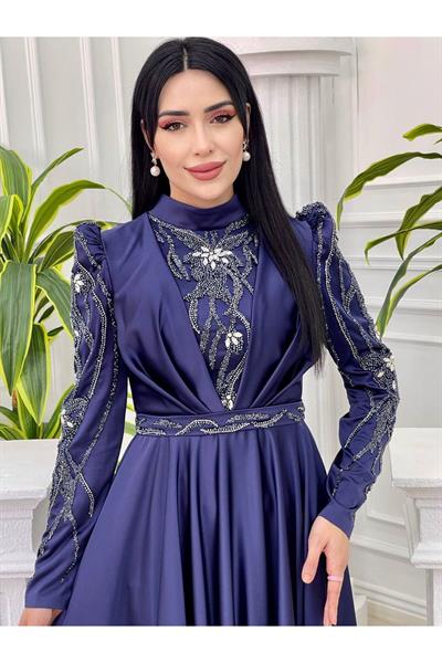 Kolları Taş İşleme Tam Tur Abiye 2015 Lacivert