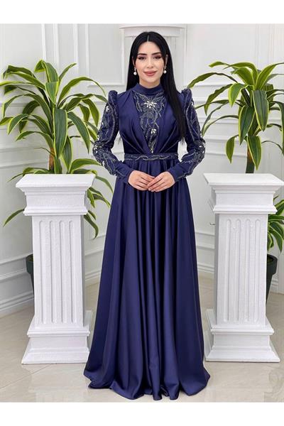 Kolları Taş İşleme Tam Tur Abiye 2015 Lacivert