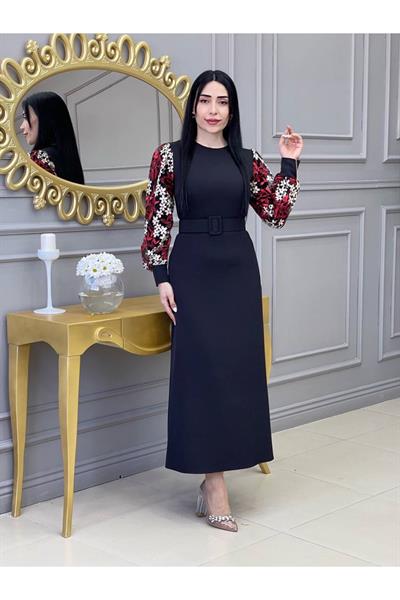 Kolu Çiçek Elbise 7647 Siyah