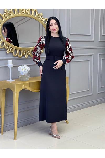 Kolu Çiçek Elbise 7647 Siyah