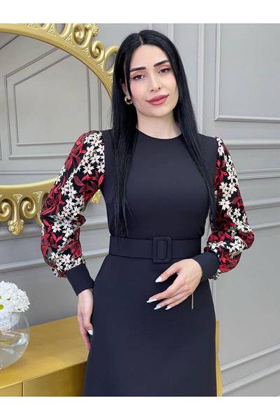 Kolu Çiçek Elbise 7647 Siyah