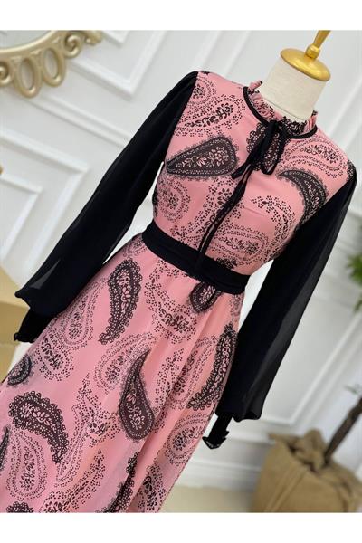 Kolu Düz Şifon Elbise 1197 pembe