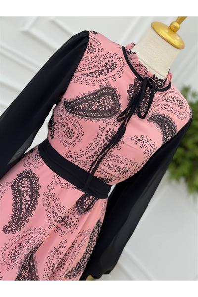 Kolu Düz Şifon Elbise 1197 pembe