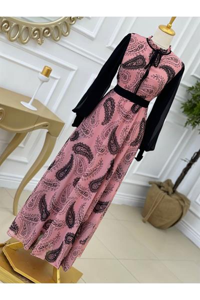 Kolu Düz Şifon Elbise 1197 pembe