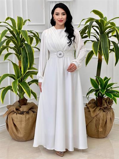 Kolu Pilise Saten Elbise 1527 T-24 Beyaz