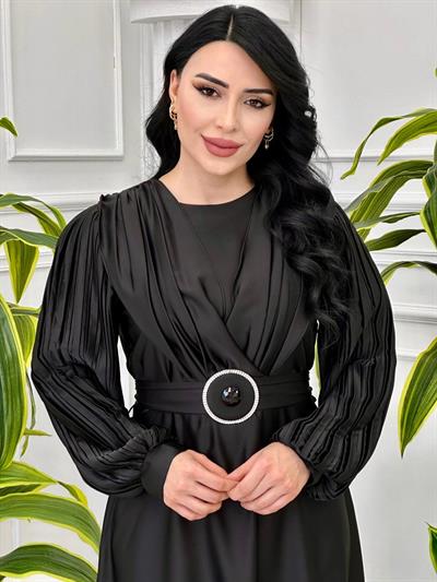 Kolu Pilise Saten Elbise 1527 T-24 Siyah