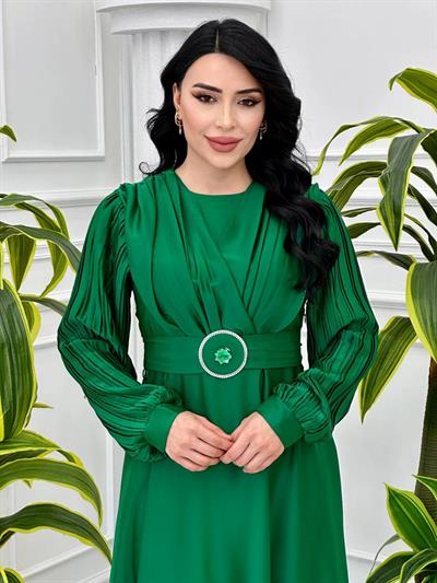 Kolu Pilise Saten Elbise 1527 T-24 Yeşil