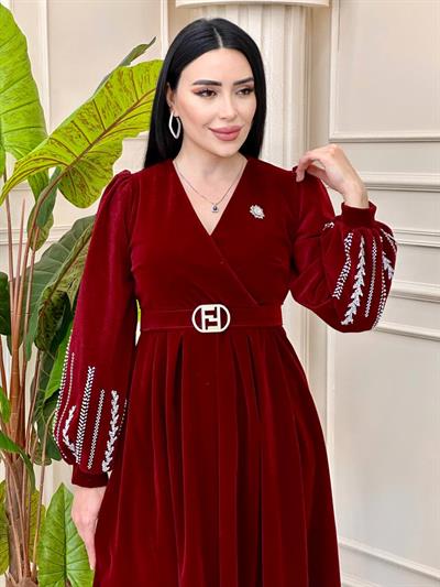 Kolu Taşlı Kadife Elbise 0226 t-24 Bordo