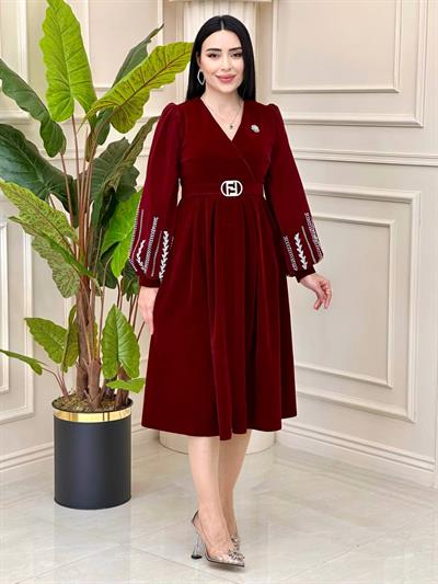 Kolu Taşlı Kadife Elbise 0226 t-24 Bordo
