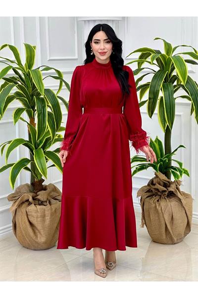 Kolu Tüylü Saten Elbise 9137 Bordo