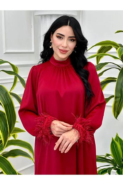 Kolu Tüylü Saten Elbise 9137 Bordo