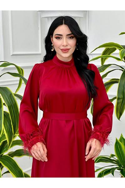 Kolu Tüylü Saten Elbise 9137 Bordo