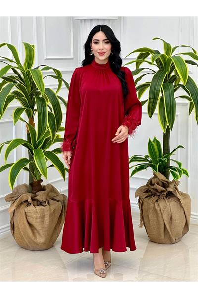 Kolu Tüylü Saten Elbise 9137 Bordo