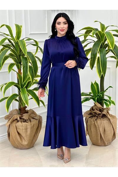 Kolu Tüylü Saten Elbise 9137 Saks