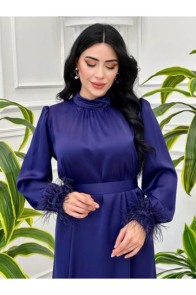 Kolu Tüylü Saten Elbise 9137 Saks
