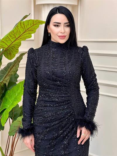 Kolucu Tüy Büzğü İşleme Abiye 4952 t-24 Siyah
