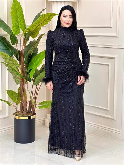 Kolucu Tüy Büzğü İşleme Abiye 4952 t-24 Siyah