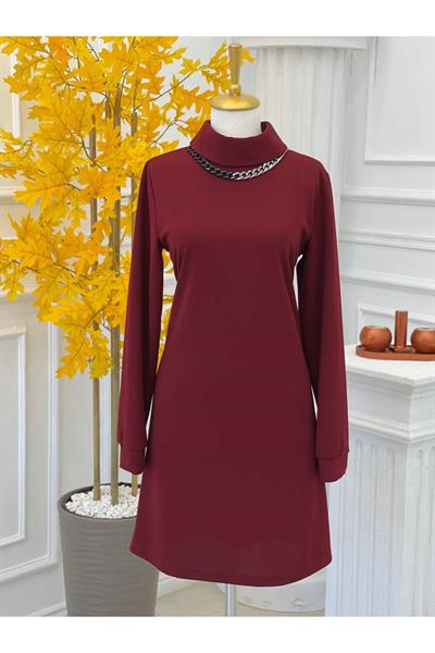 Kolye Detay Boğazlı Tunik 733 Bordo