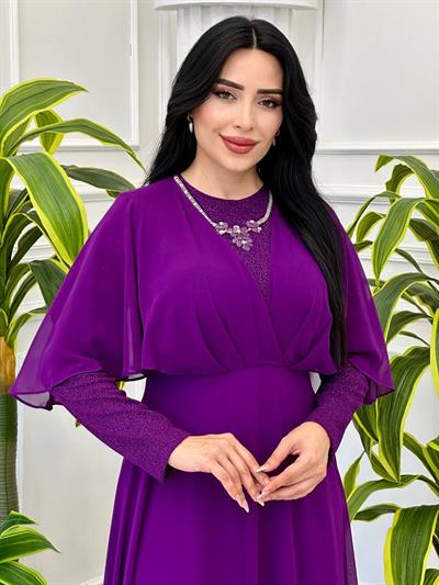 Kolyeli Çıkma Kol Elbise 9065 t-24 Mor