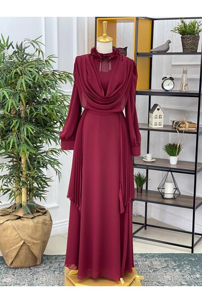 Kolyeli Degaje Şifon Elbise 3674 Bordo