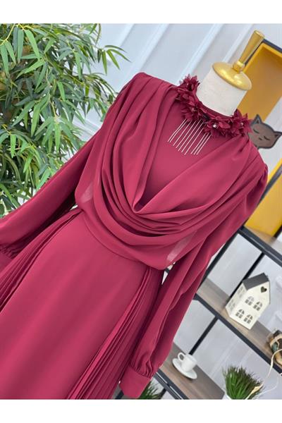 Kolyeli Degaje Şifon Elbise 3674 Bordo
