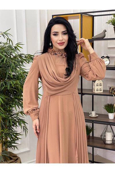 Kolyeli Degaje Şifon Elbise 3674 Camel