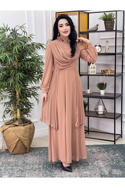 Kolyeli Degaje Şifon Elbise 3674 Camel