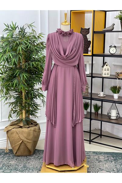 Kolyeli Degaje Şifon Elbise 3674 Rose
