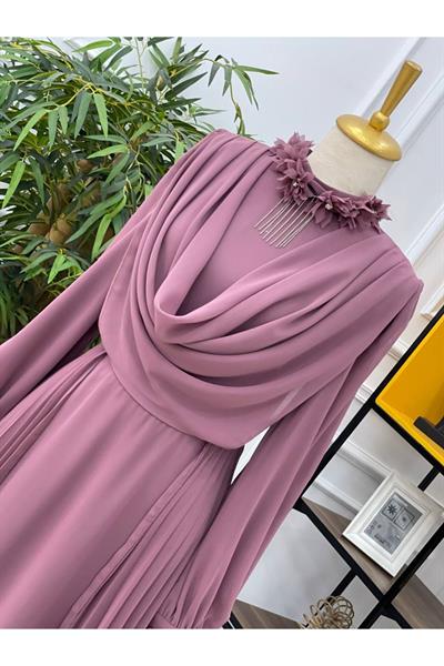 Kolyeli Degaje Şifon Elbise 3674 Rose