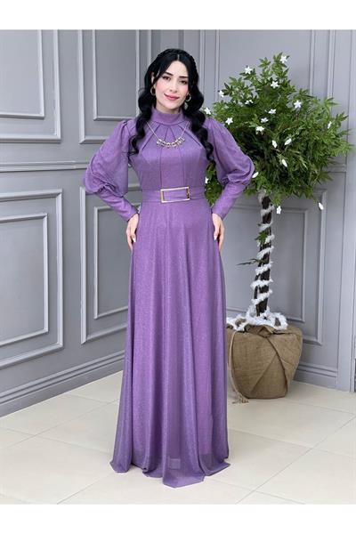 Kolyeli Simli Elbise 3873 Leylak