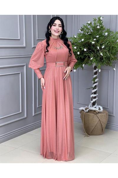 Kolyeli Simli Elbise 3873 Taba
