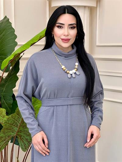Kolyeli Yarasa Kol Örme Elbise 1476 t-24 Gri