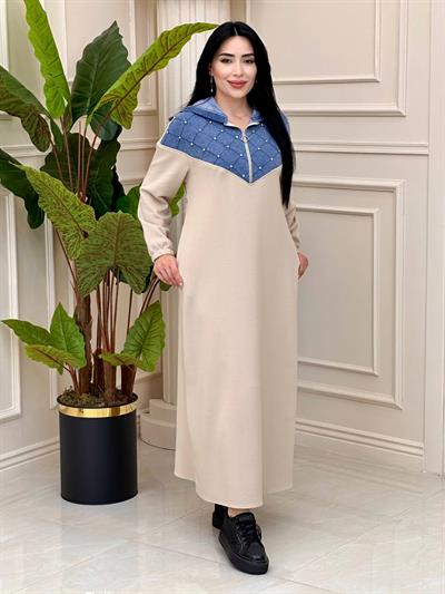 Kot Detay Sweat Elbise 1467 t-24 Bej