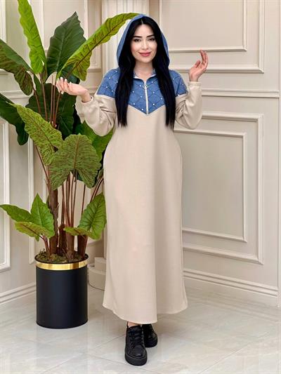 Kot Detay Sweat Elbise 1467 t-24 Bej