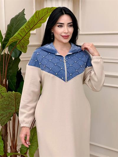 Kot Detay Sweat Elbise 1467 t-24 Bej
