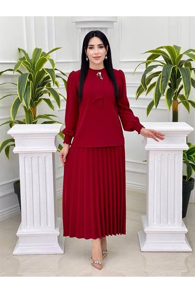 Kravatlı Pilise Etekli Takım 1210 Bordo