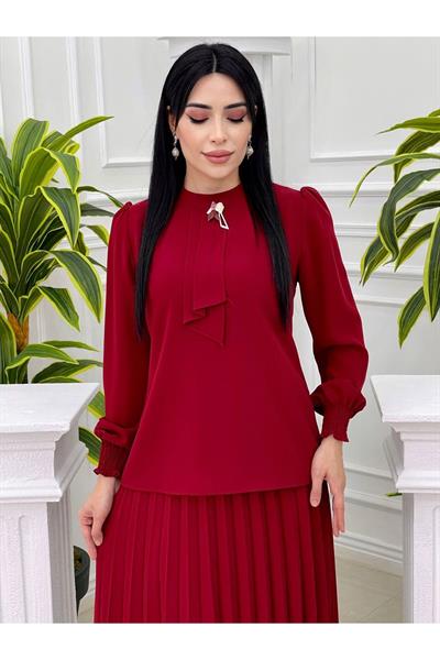 Kravatlı Pilise Etekli Takım 1210 Bordo
