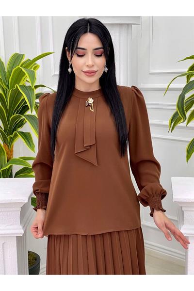 Kravatlı Pilise Etekli Takım 1210 Kahverengi