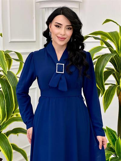 Kravatlı Şifon Elbise 1653 t-24 Mavi