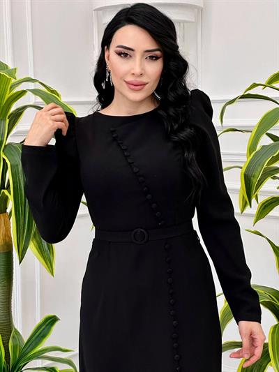 Krep Önü Düğmeli Elbise 4355 T-24 Siyah