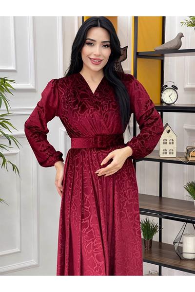 Kruvaze Baskı Kadife Elbise 1249 Bordo