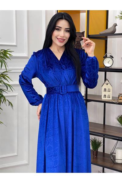 Kruvaze Baskı Kadife Elbise 1249 Saks