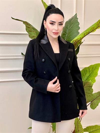 Kruvaze Deri Yaka Kaşe Kaban 9006 t-24 Siyah