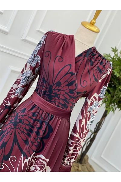 Kruvaze Desenli Kadife Elbise 3813 Bordo