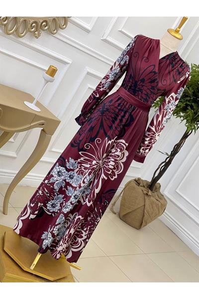 Kruvaze Desenli Kadife Elbise 3813 Bordo