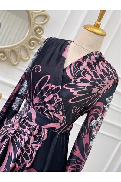Kruvaze Desenli Kadife Elbise 3813 Siyah Rose