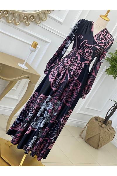 Kruvaze Desenli Kadife Elbise 3813 Siyah Rose