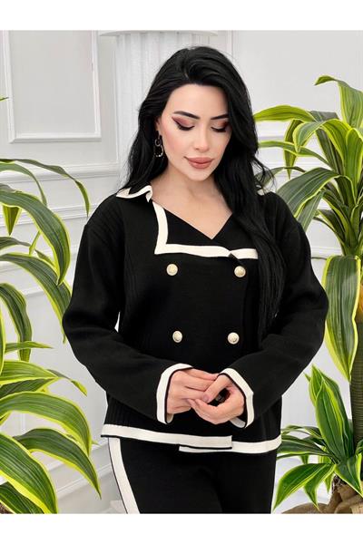 Kruvaze Düğmeli Triko Takım 5255 Siyah