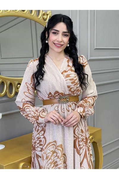 Kruvaze Kemerli Elbise 3418 Bej